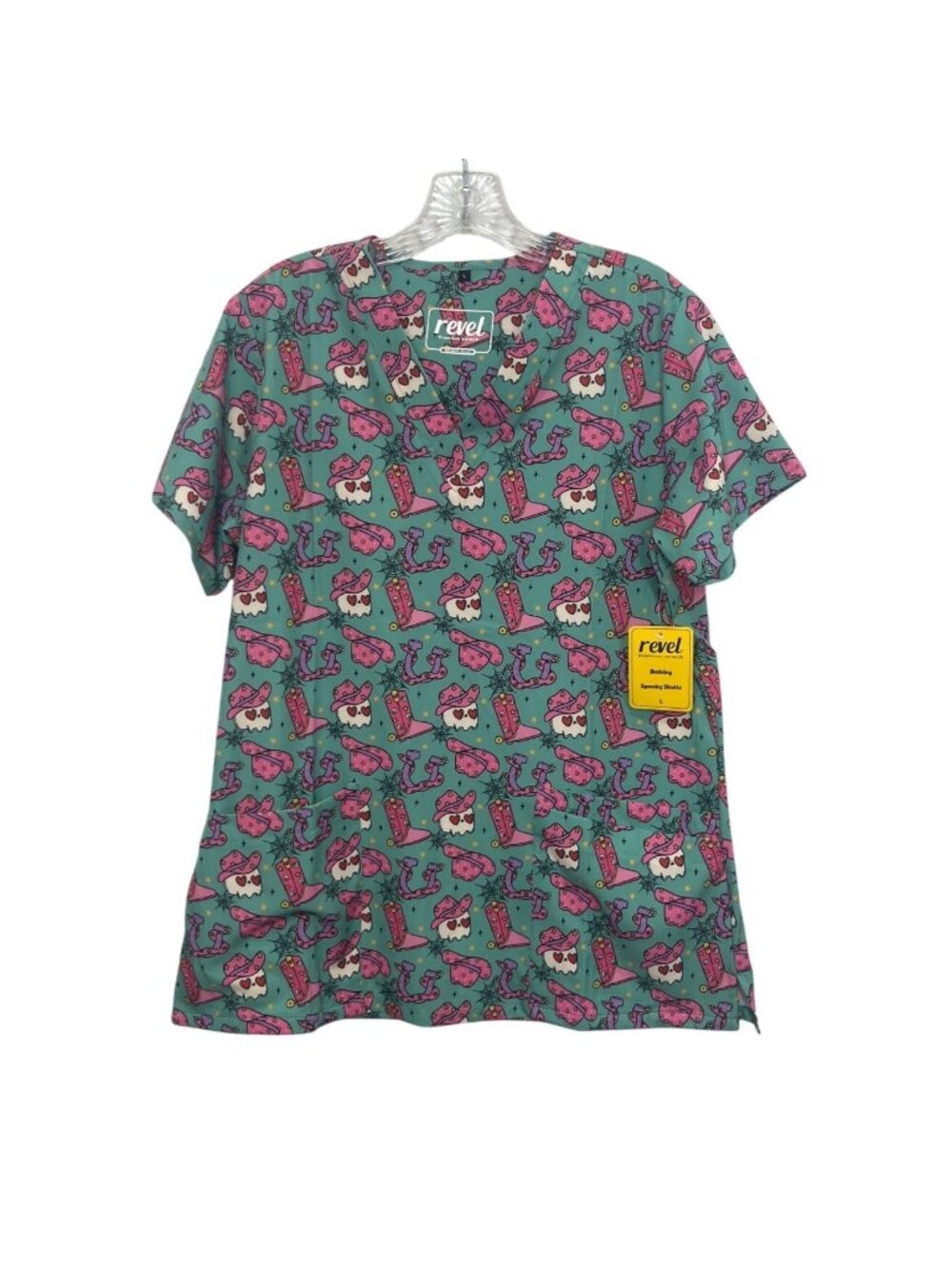 Revel Premium Stretch Scrub Shirt Bobby Spooky Skulls Large Green Pink New
